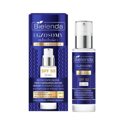Skoncentrowane przeciwzmarszczkowe serum rozświetlające, wyrównujące koloryt cery SPF 50, na dzień